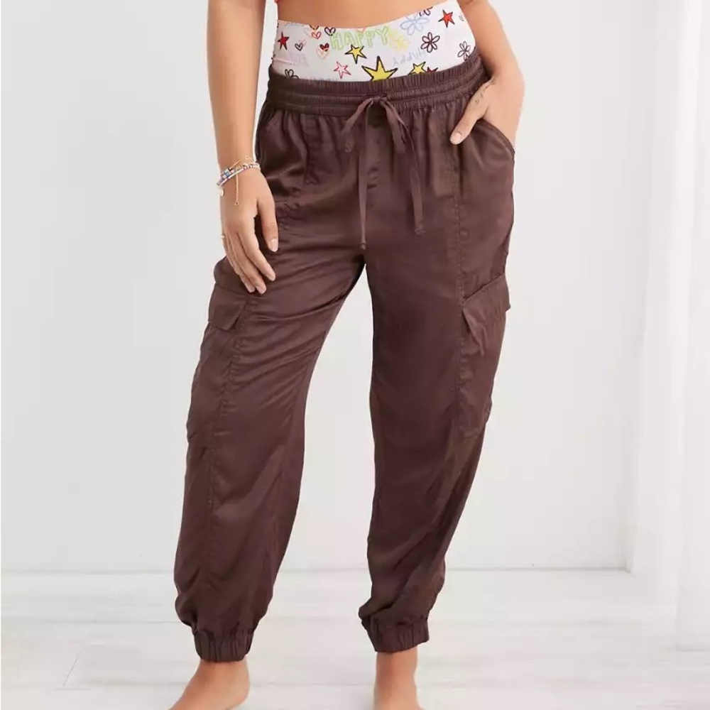 Aerie Satin Joggers (Chocolate Brown)